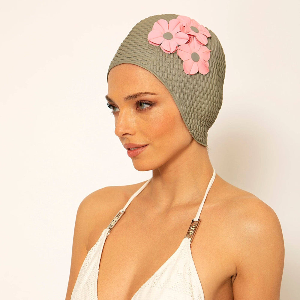 Kores 3 Flowers Swim Cap in Grey 531, taupe grey retro swim cap with pink flowers