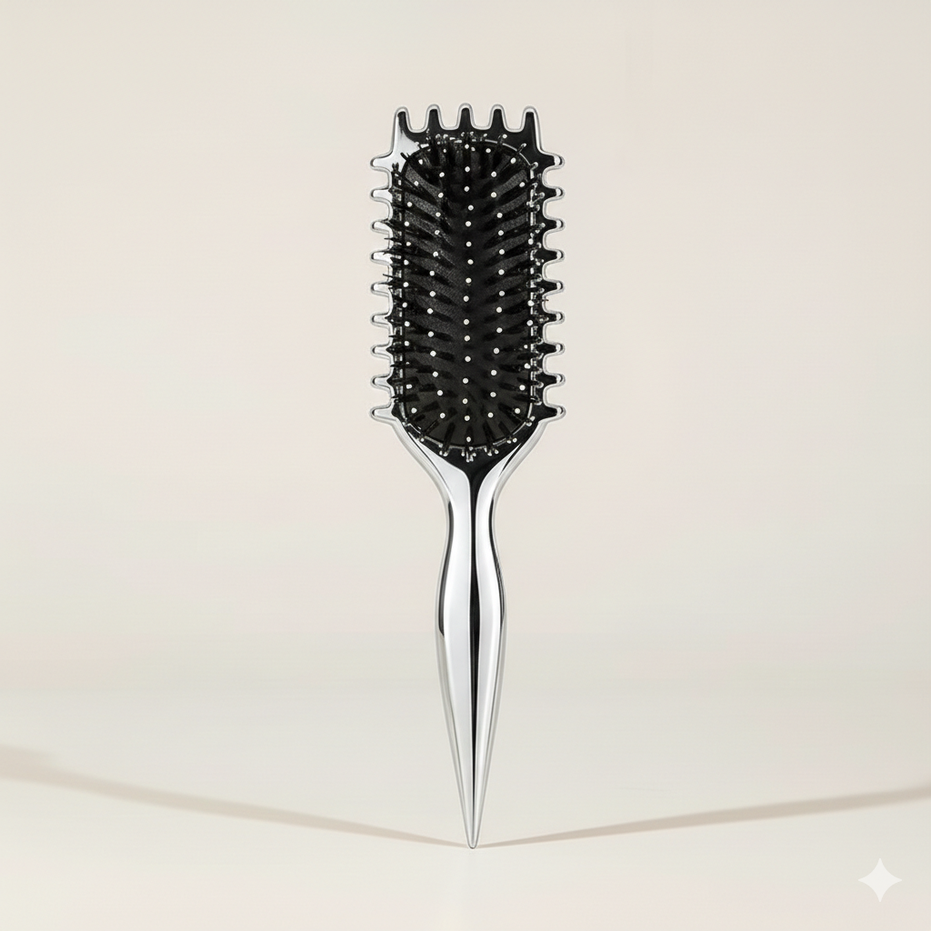 Gildie Curly Girl Hairbrush in Chromalux silver hairbrushes with black bristles and metallic handles on a beige background
