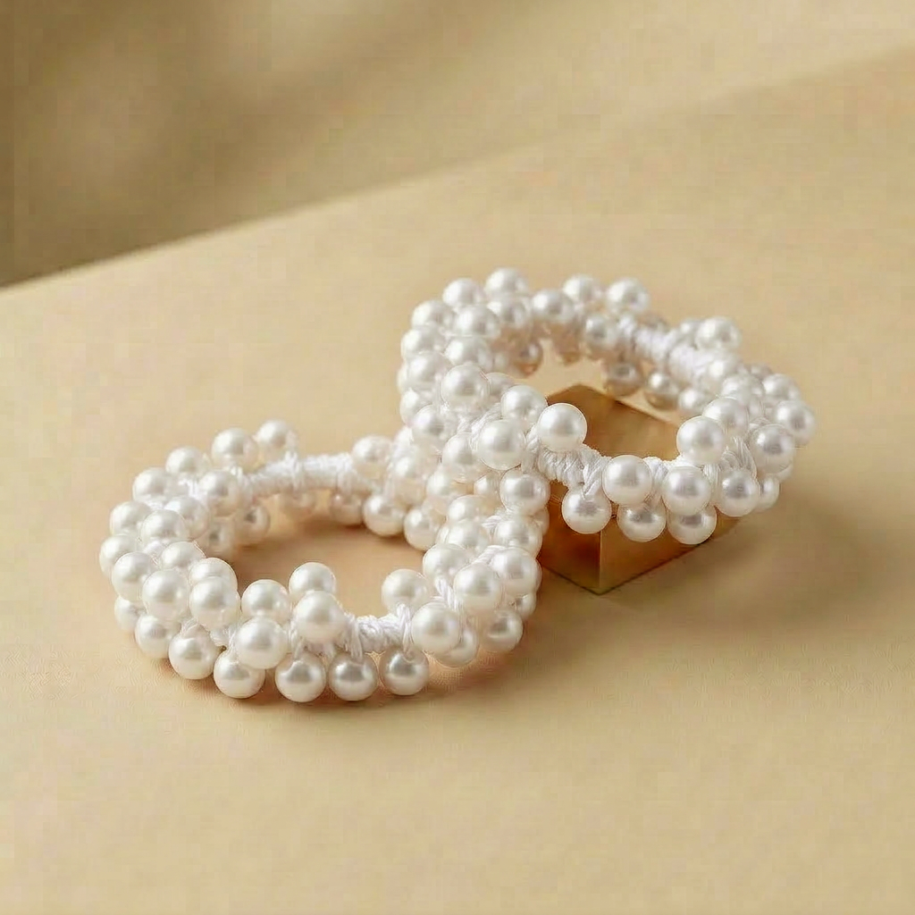 white Pearl hair tie on a beige background