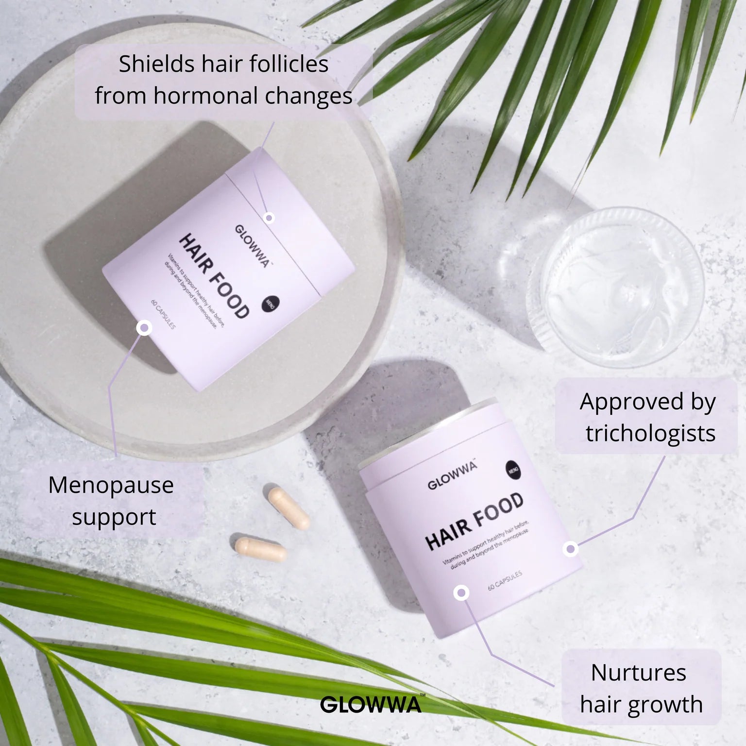 GLOWWA Hair Food product packaging with text on a light background