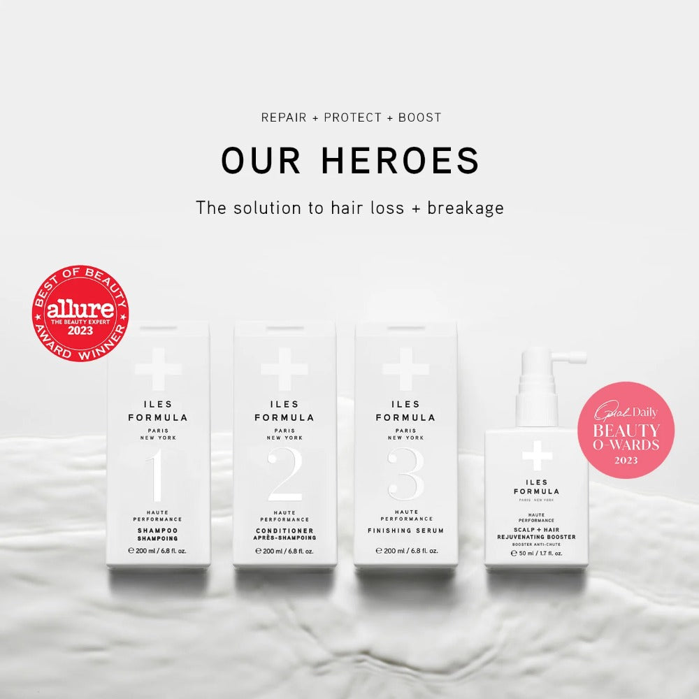 Iles Formula hero products shampoo conditioner and finishing serum three step method