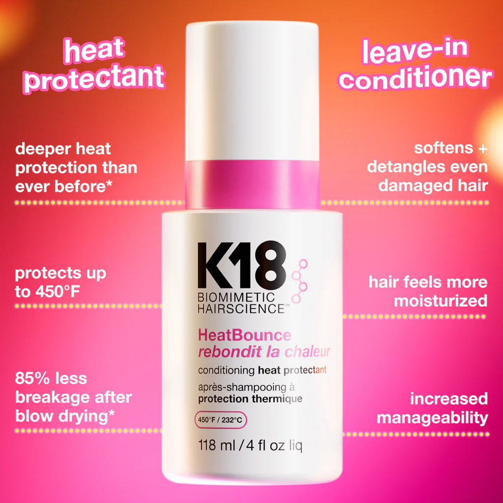 K18 leave-in conditioner bottle with promotional text on a colorful background