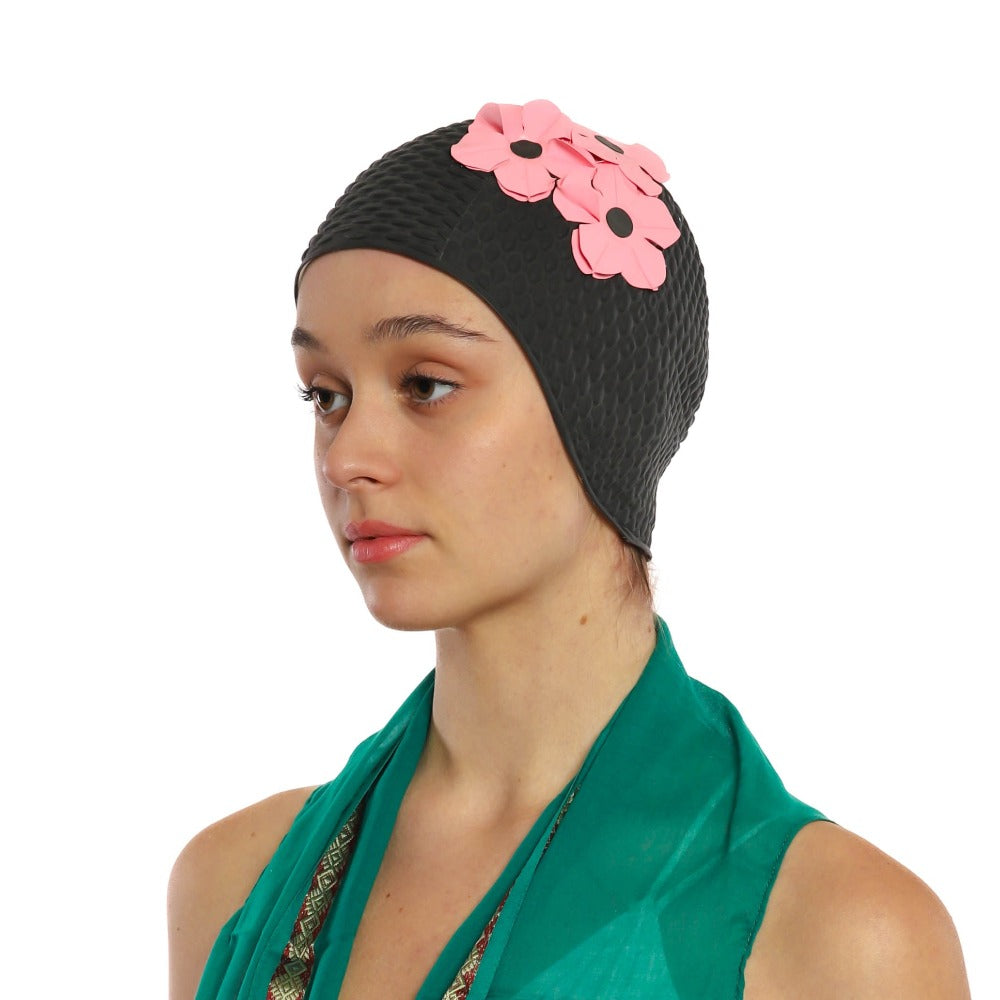 Kores 3 Flowers Swim Cap in Black 413, black retro swim cap with pink flowers