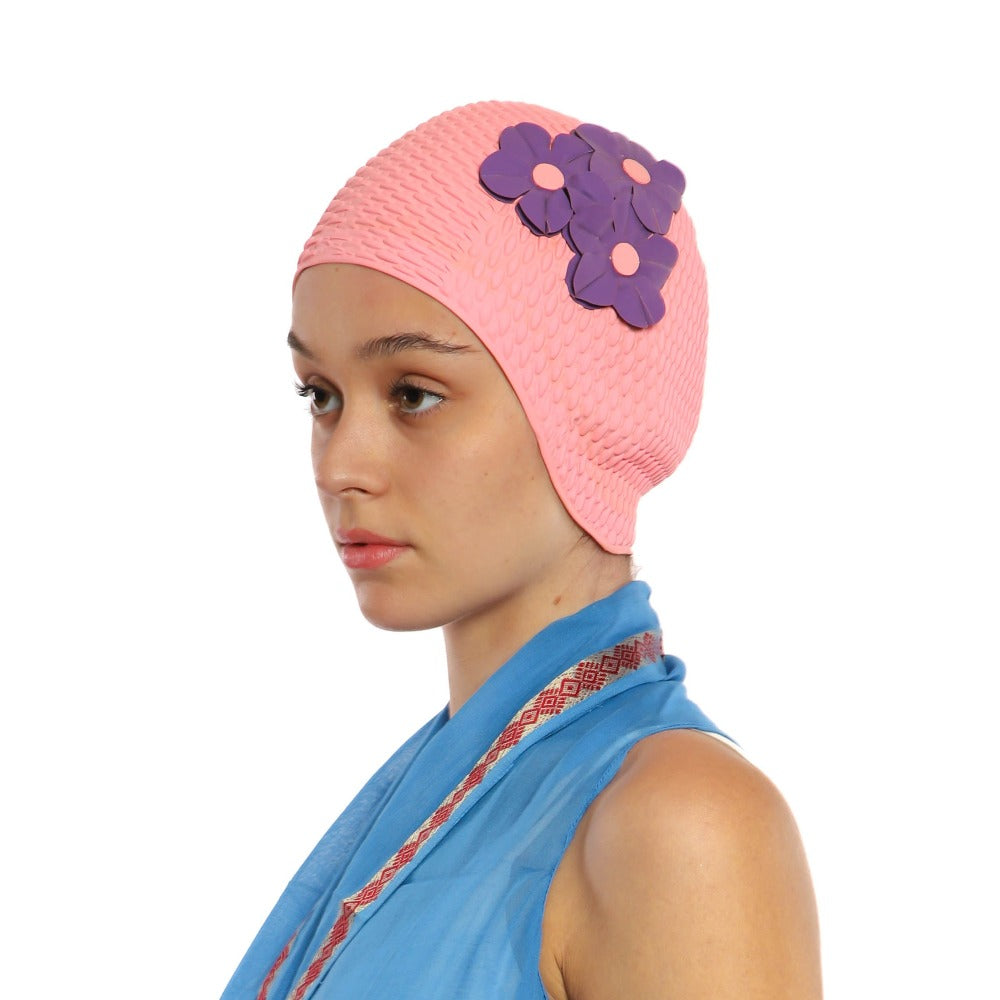Kores 3 Flowers Swim Cap in Pink 472, pink retro swim cap with purple flowers