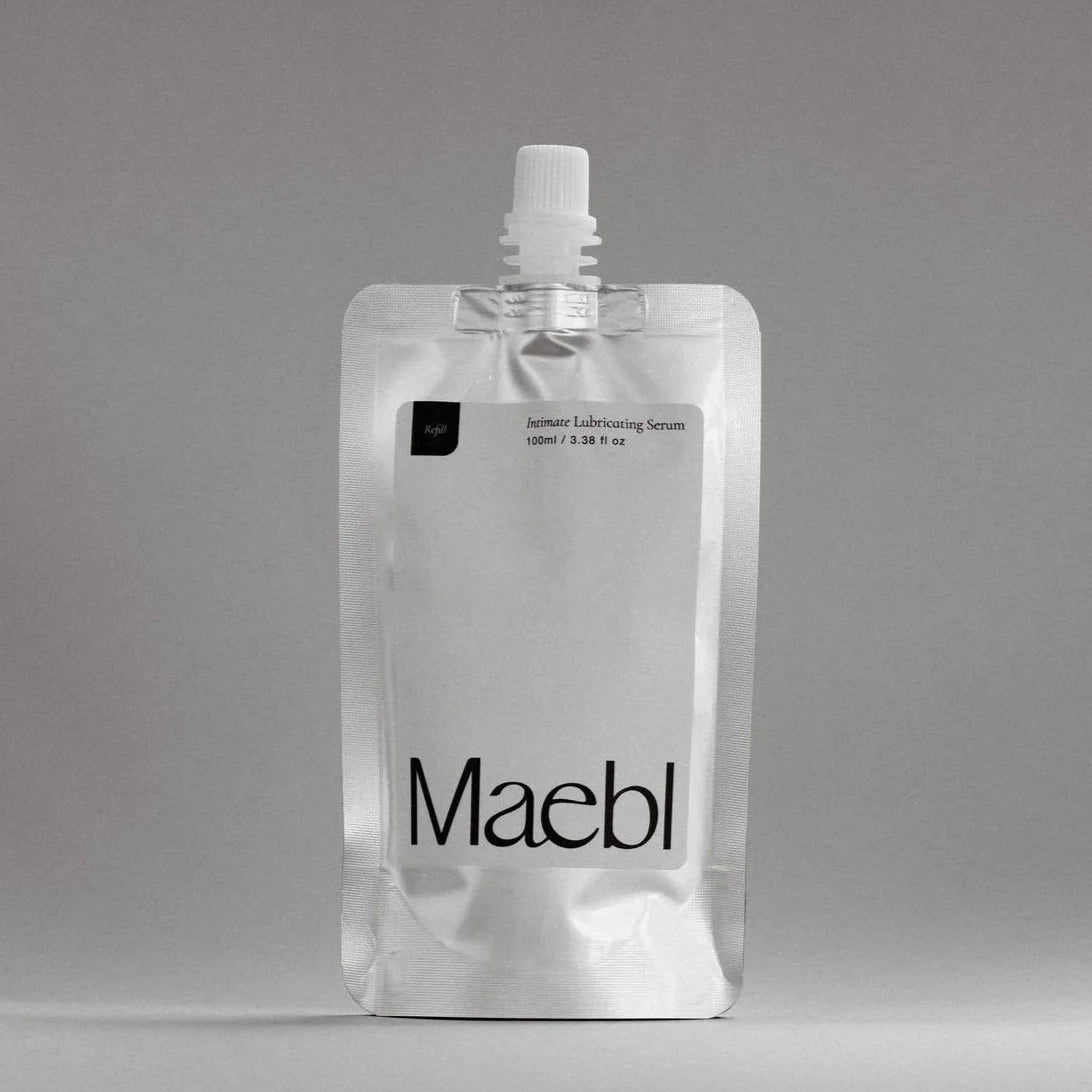 Refill packaging of 'Maeble' Lubricating Serum branding on a gray background