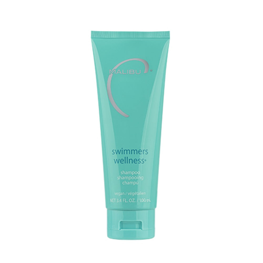 Malibu C Swimmers Wellness Shampoo 100ml travel size tube white background front view for chlorine and pool damaged hair
