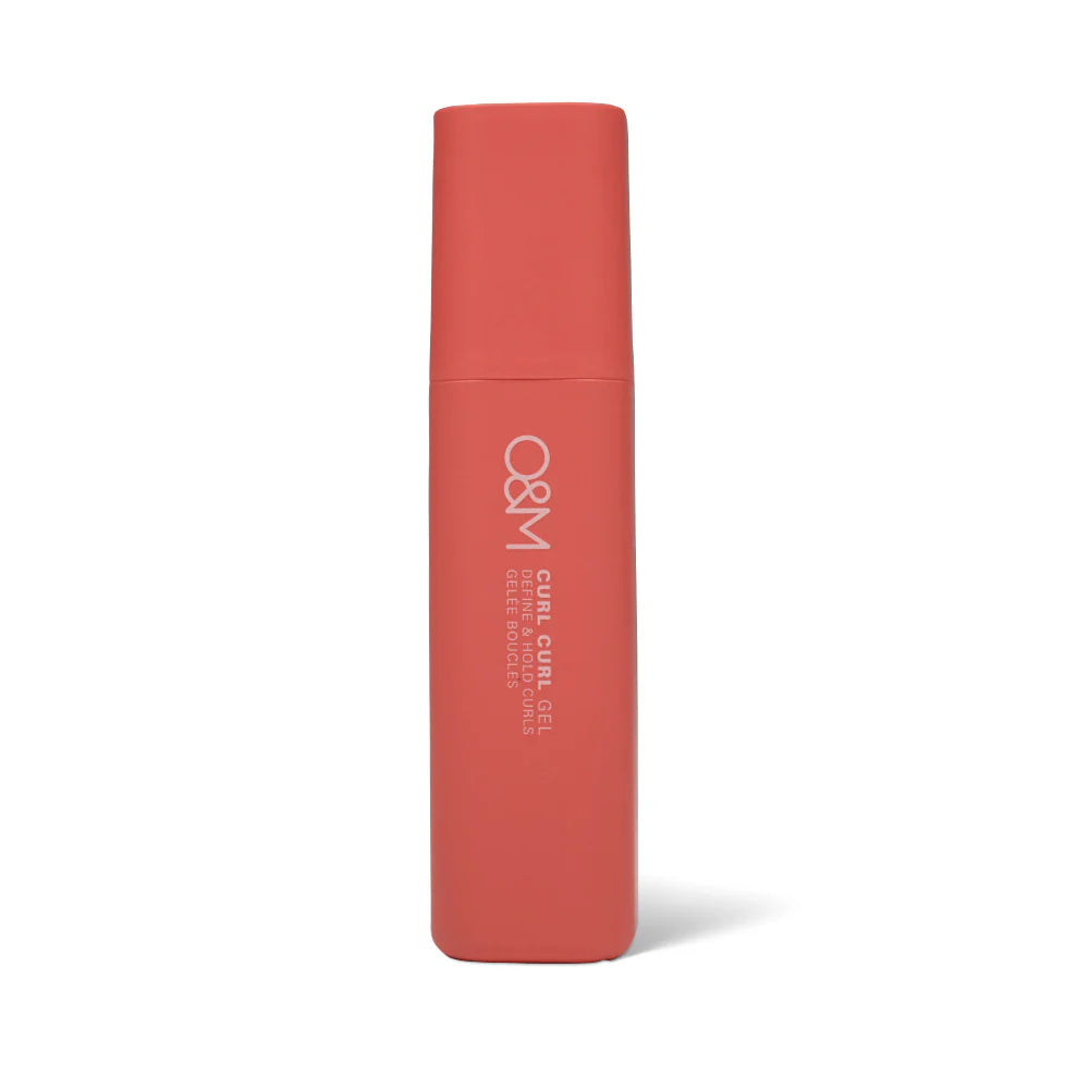 Red cylindrical container with 'O&M Curl Curl Gel' branding on a white background