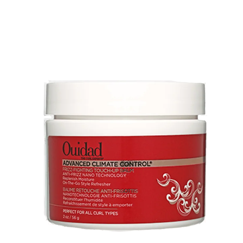 Ouidad hair product jar with red label on a white background