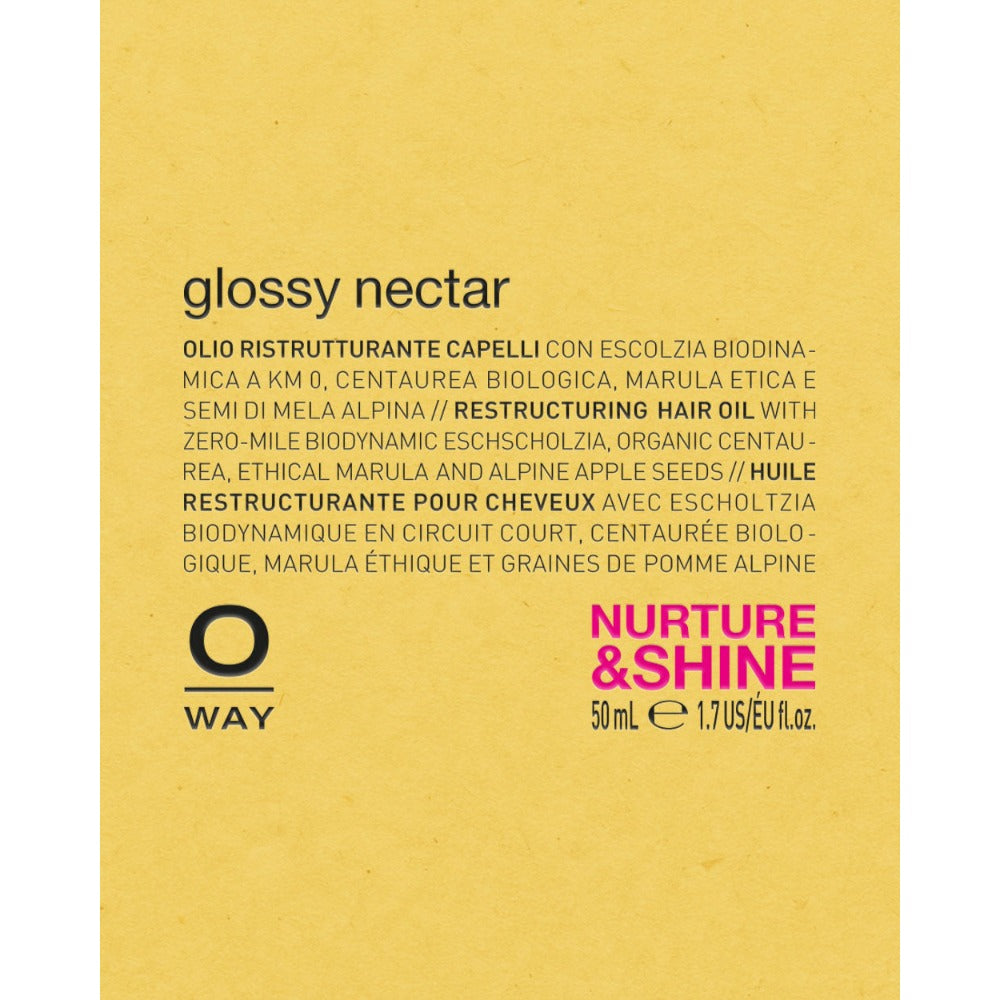 Oway Glossy Nectar Hair Oil bottle label detail
