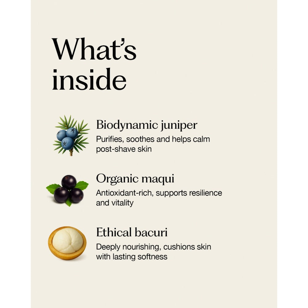 Oway Softening Shave Cream key ingredients including biodynamic juniper