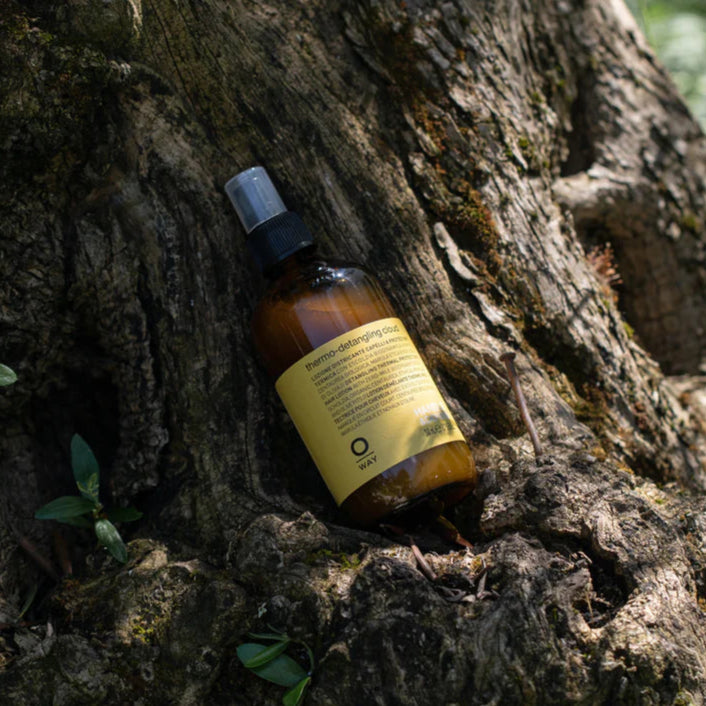 Oway Thermo-Detangling Cloud bottle with label on a tree trunk
