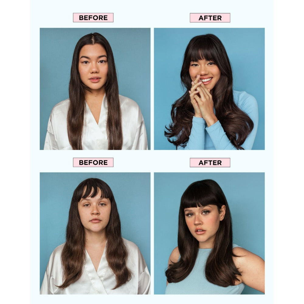 Before and after using Design Me Quickie Me Dry Shampoo on dark hair