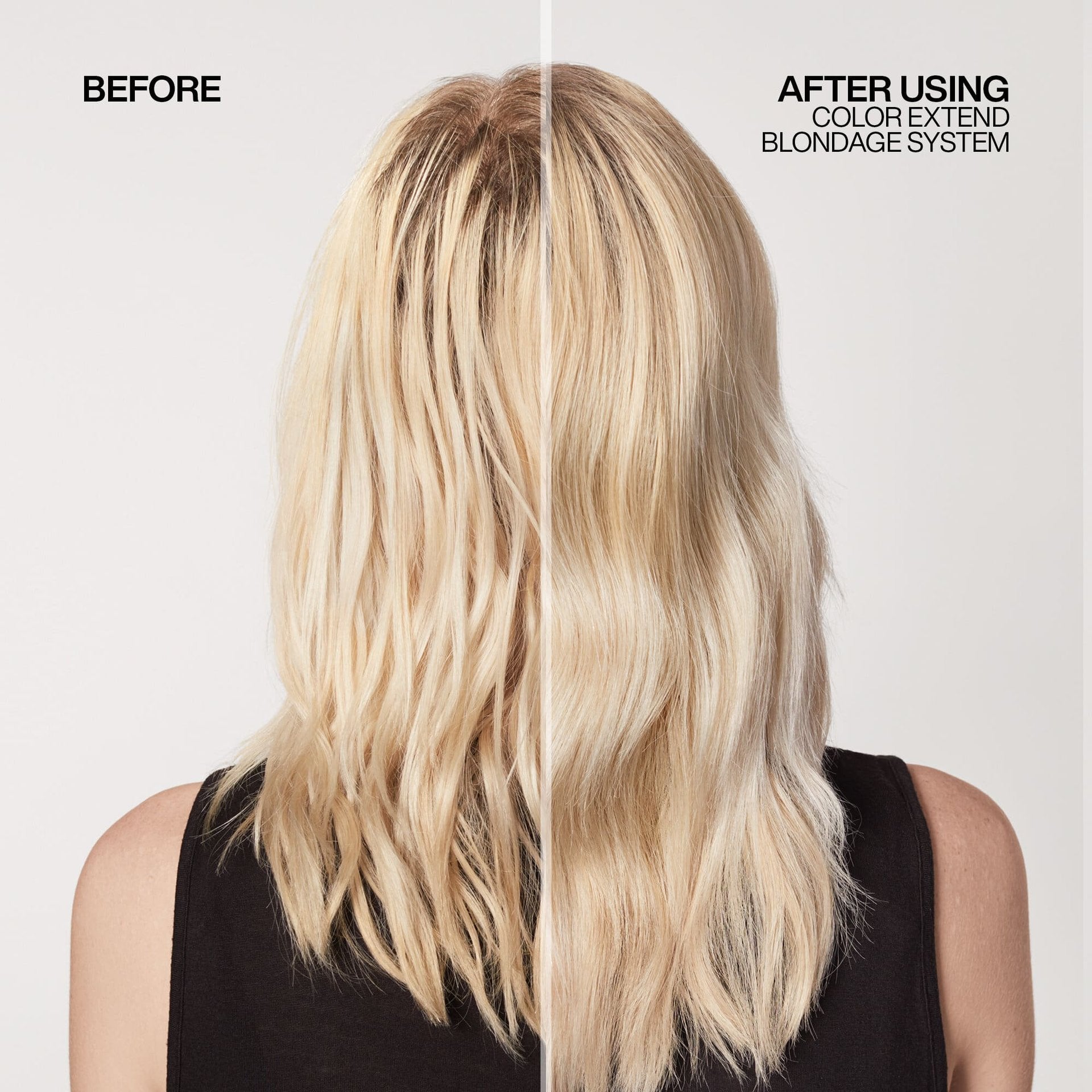 Before and after comparison of hair color using a Redken Blondage system.