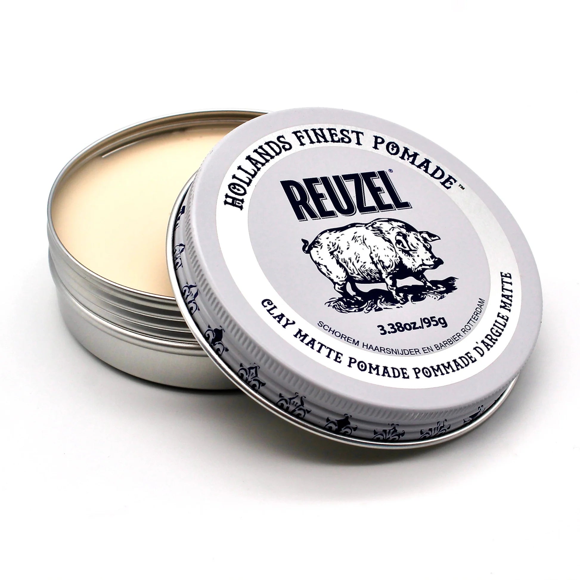 Open tin of Reuzel clay matte pomade on a white background