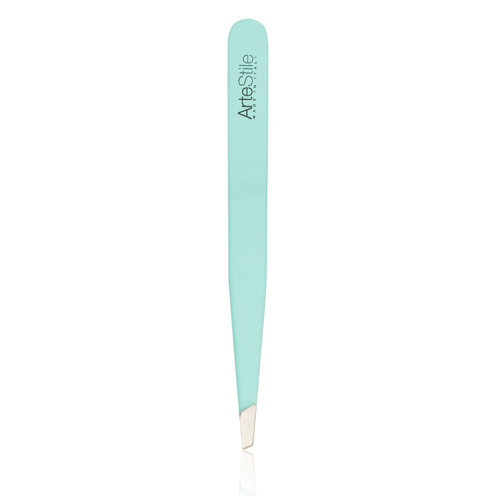 ArteStile Slant Tweezers in Turquoise, white background packshot of Italian made slant tip brow tweezers