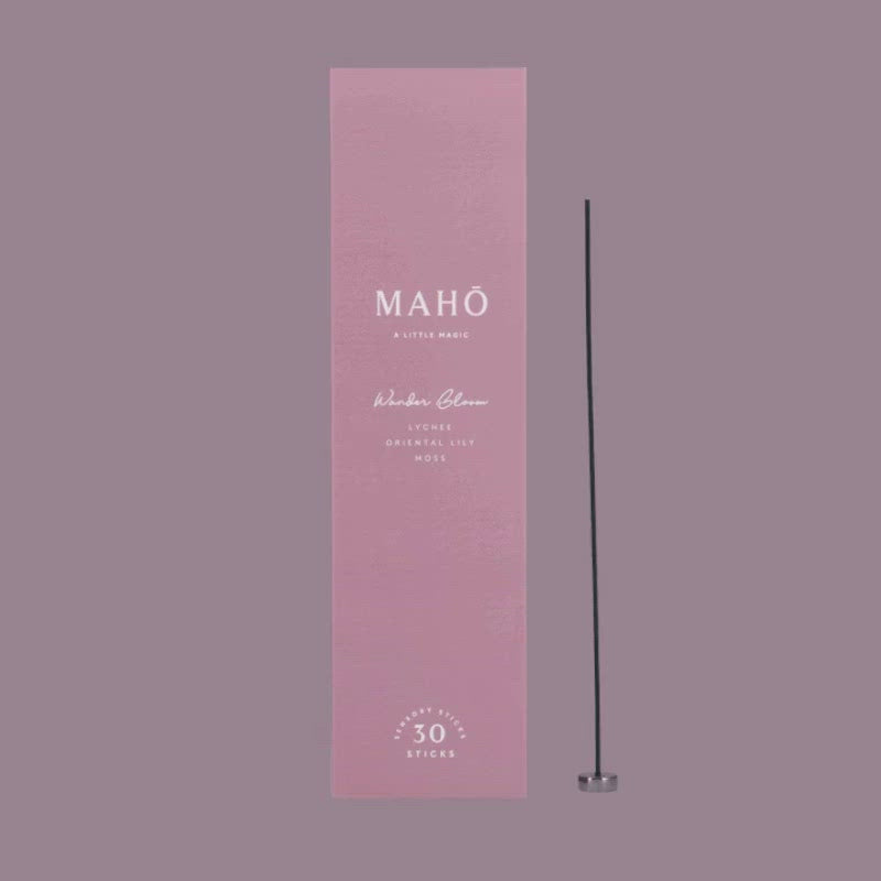 MAHŌ Wander Bloom incense is shown alongside the box and rotating