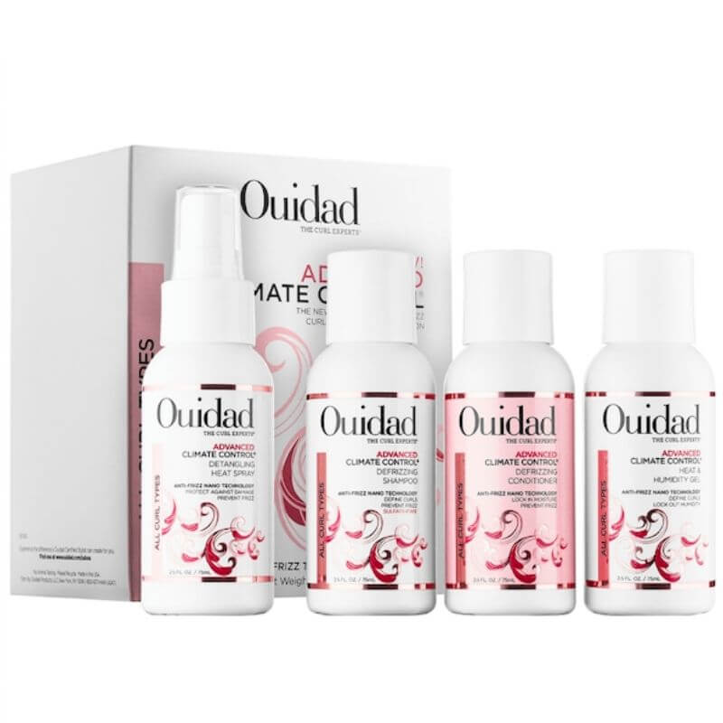 Ouidad advanced climate control anti frizz travel set. Shows all four products in front of the box.