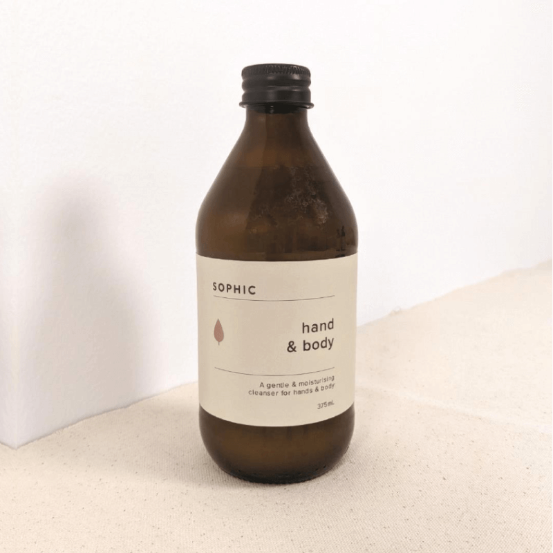 Brown bottle of SOPHIC Hand & Body Cleanser, 375ml size